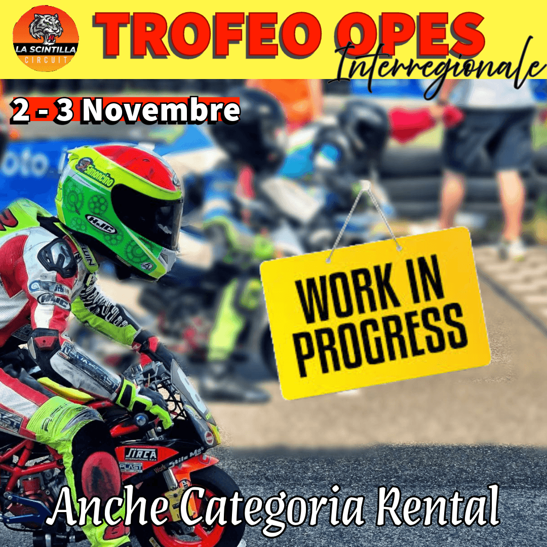 Motorsport event poster with rider on mini motorcycle and 'Work in Progress' sign.