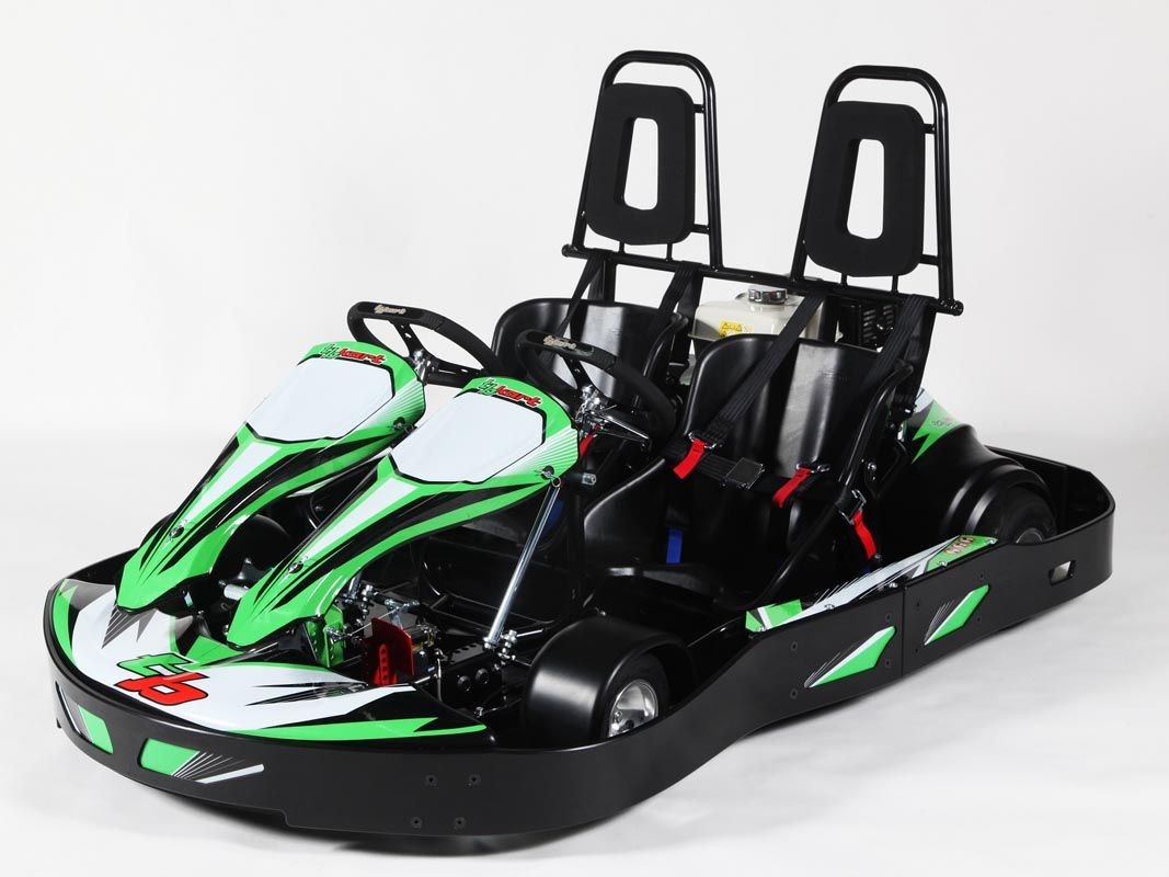 Green and black two-seater go-kart with seat belts on a white background.